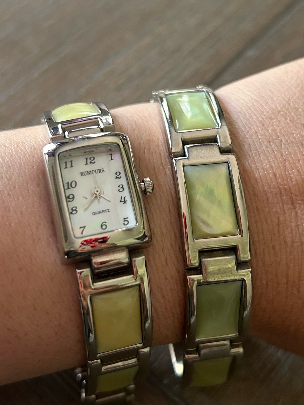 Vtg Rumours Mother of Pearl Link Bracelet Watch - Green Inlay